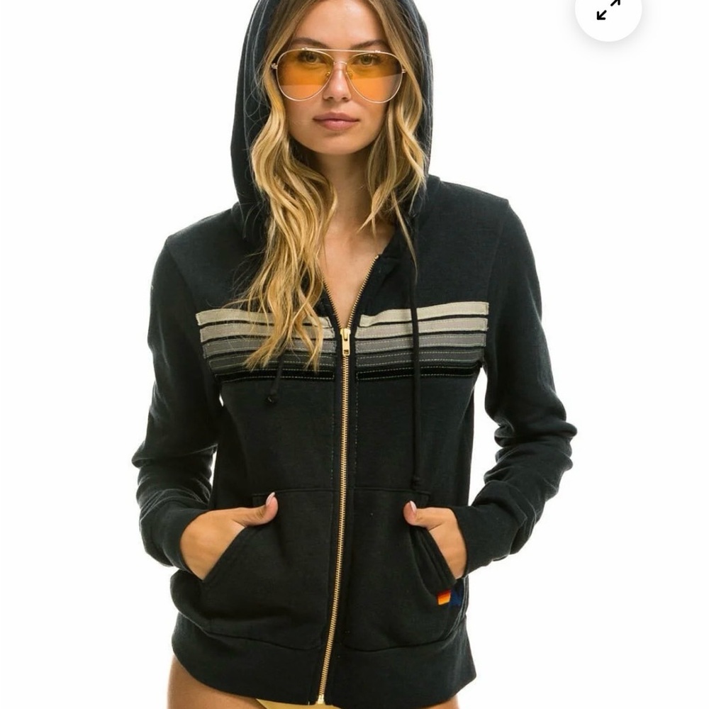 Aviator Nation Black Hoodie with Gray Stripes
